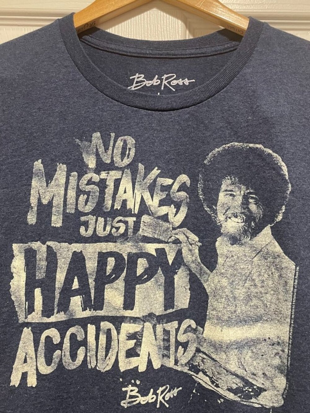 Bob Ross Graphic T-Shirt Men's Size L Distressed Blue Gray Vintage Art Tee